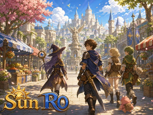 Aventureiros diante dos portões ensolarados de Rune-Midgard
