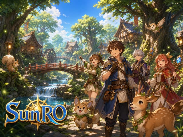 Grupo de aventureiros do SunRO em uma floresta ensolarada