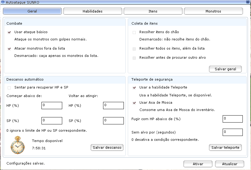 Aba Geral: Usar ataque básico e Atacar monstros fora da lista marcados; Salvar geral no painel e Ativar no rodapé.
