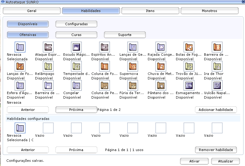 Aba Habilidades com Nevasca selecionada, botão Adicionar habilidade e lista de habilidades configuradas abaixo.