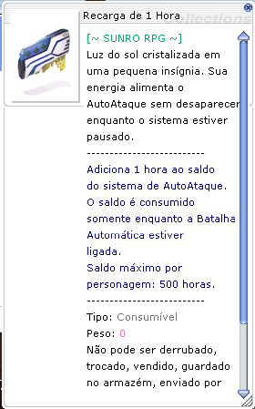 Descrição no jogo da Recarga de 1 Hora, que adiciona uma hora ao saldo do personagem.