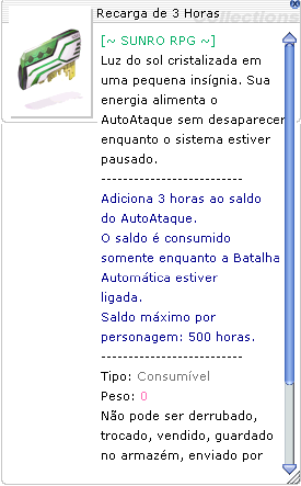 Descrição no jogo da Recarga de 3 Horas, que adiciona três horas ao saldo do personagem.