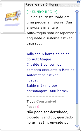 Descrição no jogo da Recarga de 5 Horas, que adiciona cinco horas ao saldo do personagem.