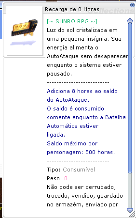 Descrição no jogo da Recarga de 8 Horas, que adiciona oito horas ao saldo do personagem.