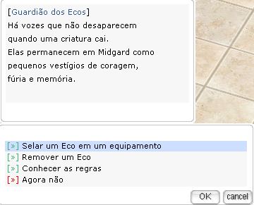 Menu do Guardião com Selar um Eco em um equipamento, Remover um Eco e Conhecer as regras
