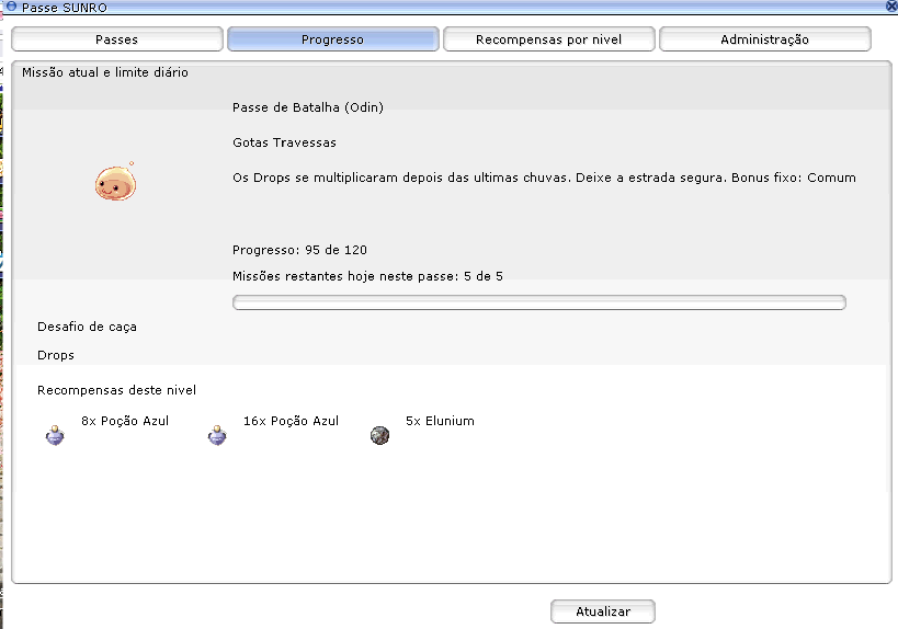 Aba Progresso na missão Gotas Travessas: Drops, progresso 95 de 120 e 5 de 5 missões restantes hoje.