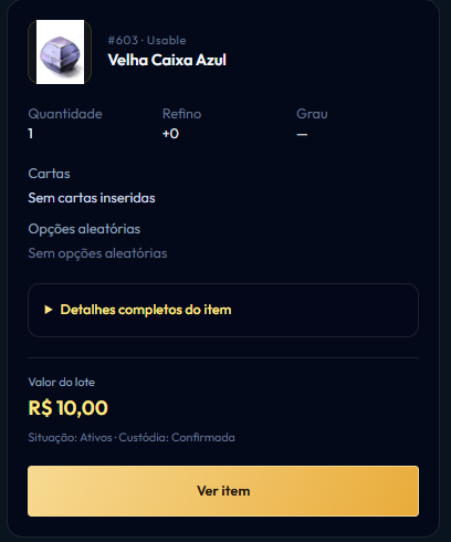 Exemplo de anúncio RMT de uma Velha Caixa Azul com valor do lote e botão Ver item