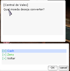 Escolha Cash ou Zeny no menu da Central de Vales
